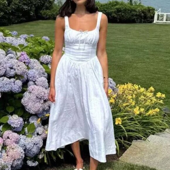 BEST Reformation Balia Linen Midi Dress - White Wedding Causal Party Classic Sz2 - Picture 4 of 11